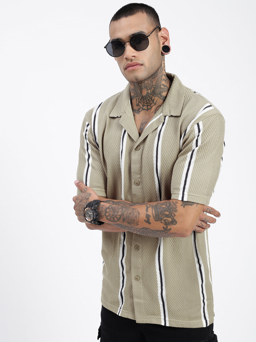 Men Striped Olive Relaxed Fit Shirt