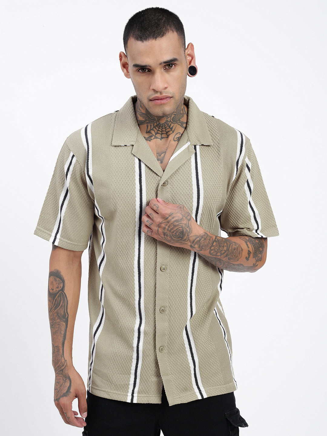 Men Striped Olive Relaxed Fit Shirt