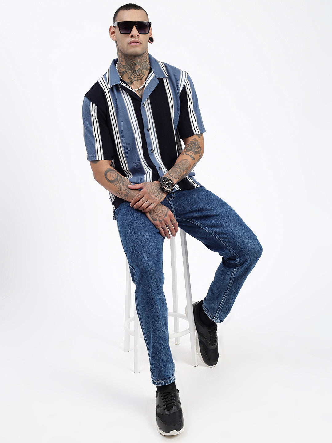 Men Striped Blue Relaxed Fit Shirt