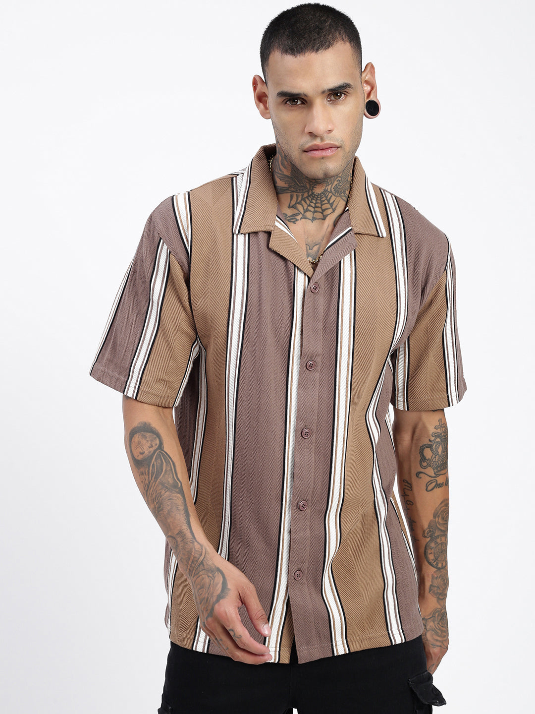 Men Striped Brown Relaxed Fit Shirt