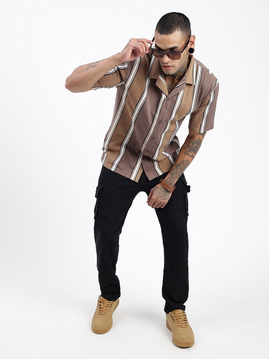 Men Striped Brown Relaxed Fit Shirt