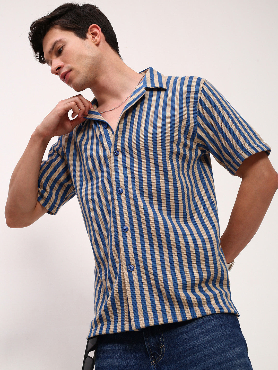 Men Blue Striped Cuban Collar Shirt