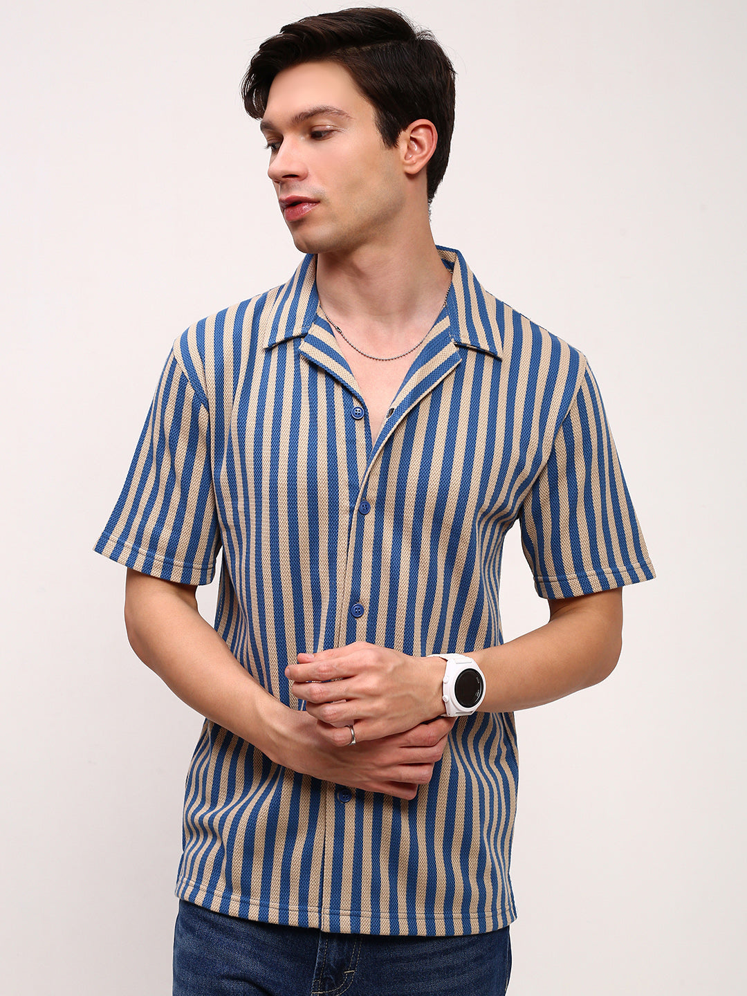 Men Blue Striped Cuban Collar Shirt