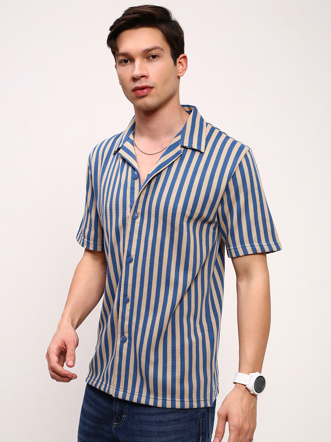 Men Blue Striped Cuban Collar Shirt