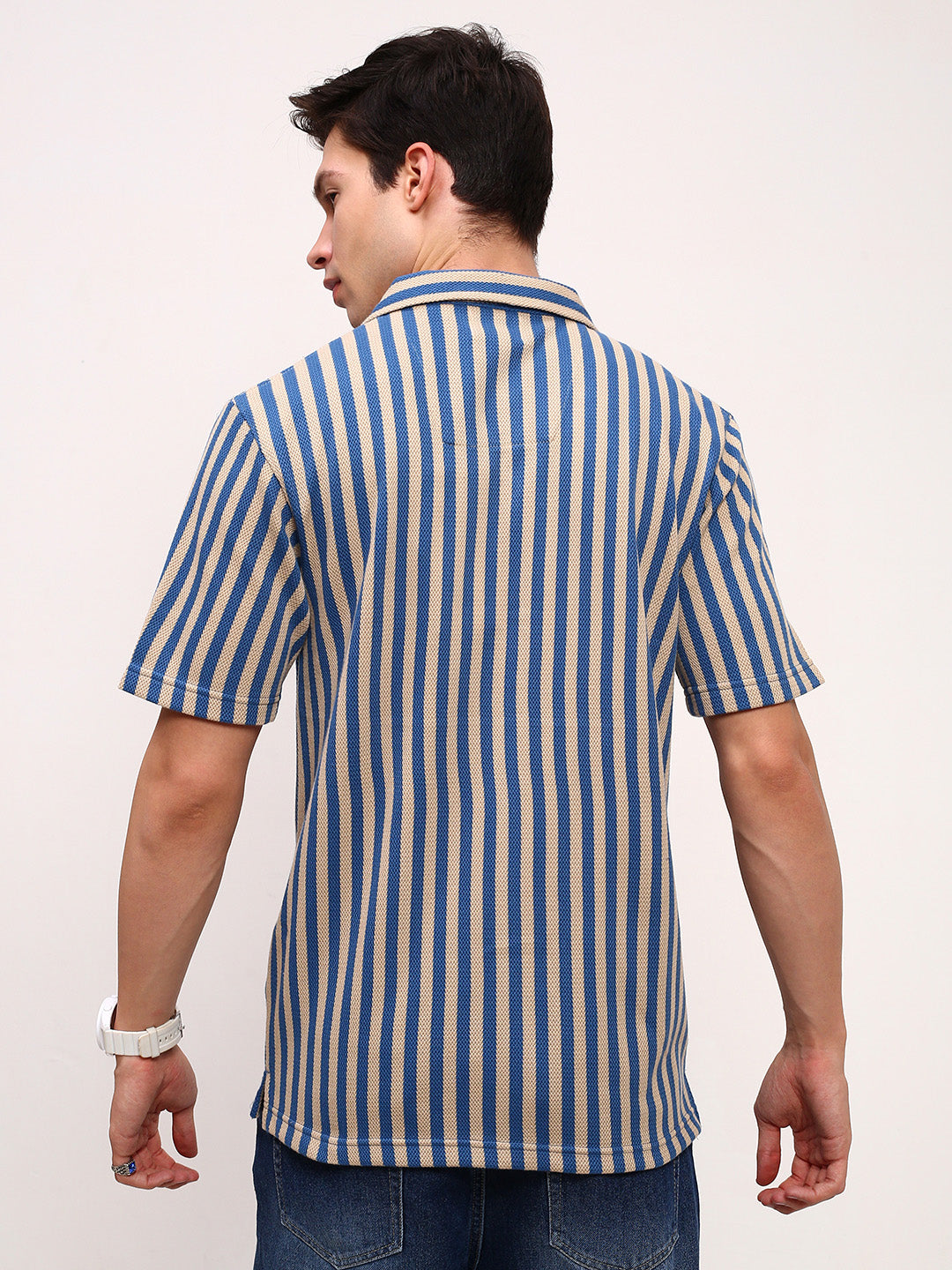 Men Blue Striped Cuban Collar Shirt