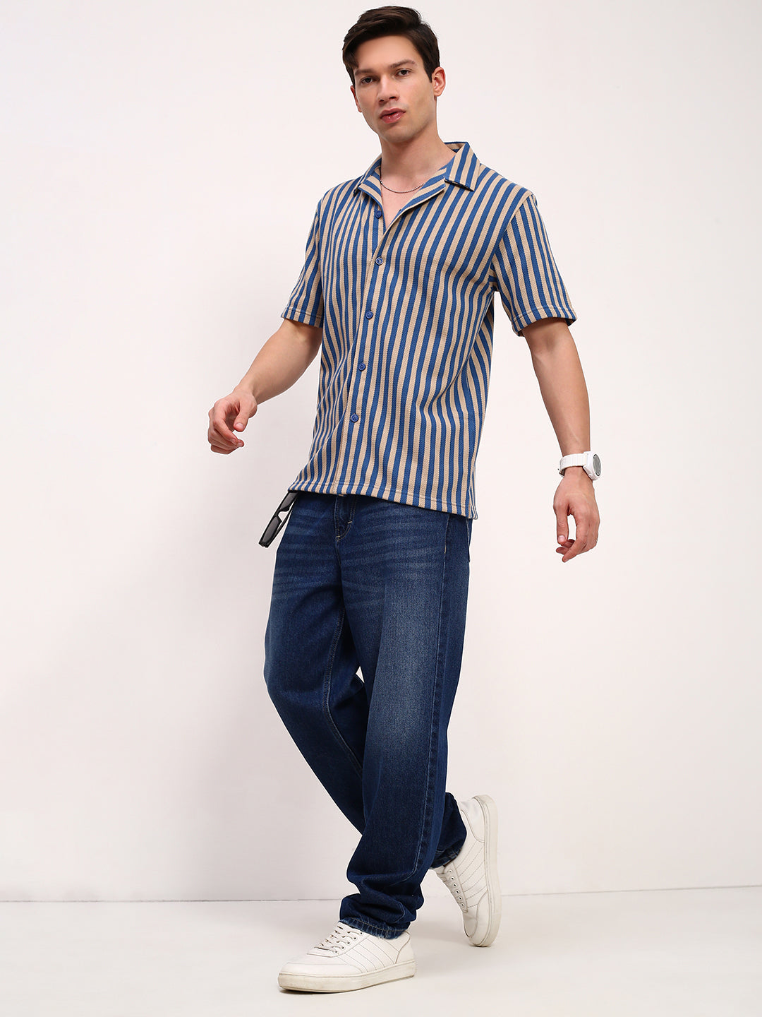 Men Blue Striped Cuban Collar Shirt