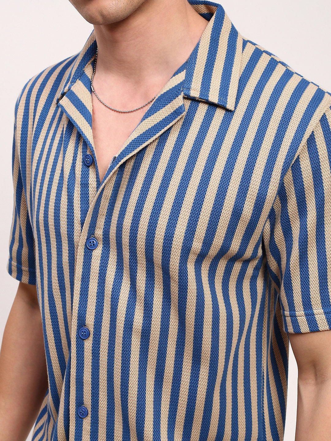 Men Blue Striped Cuban Collar Shirt