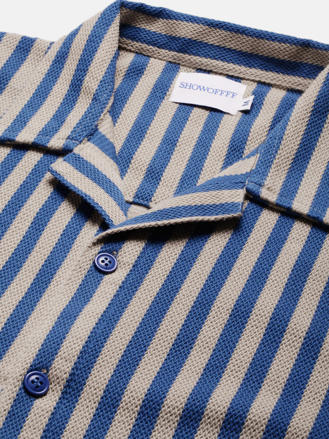 Men Blue Striped Cuban Collar Shirt