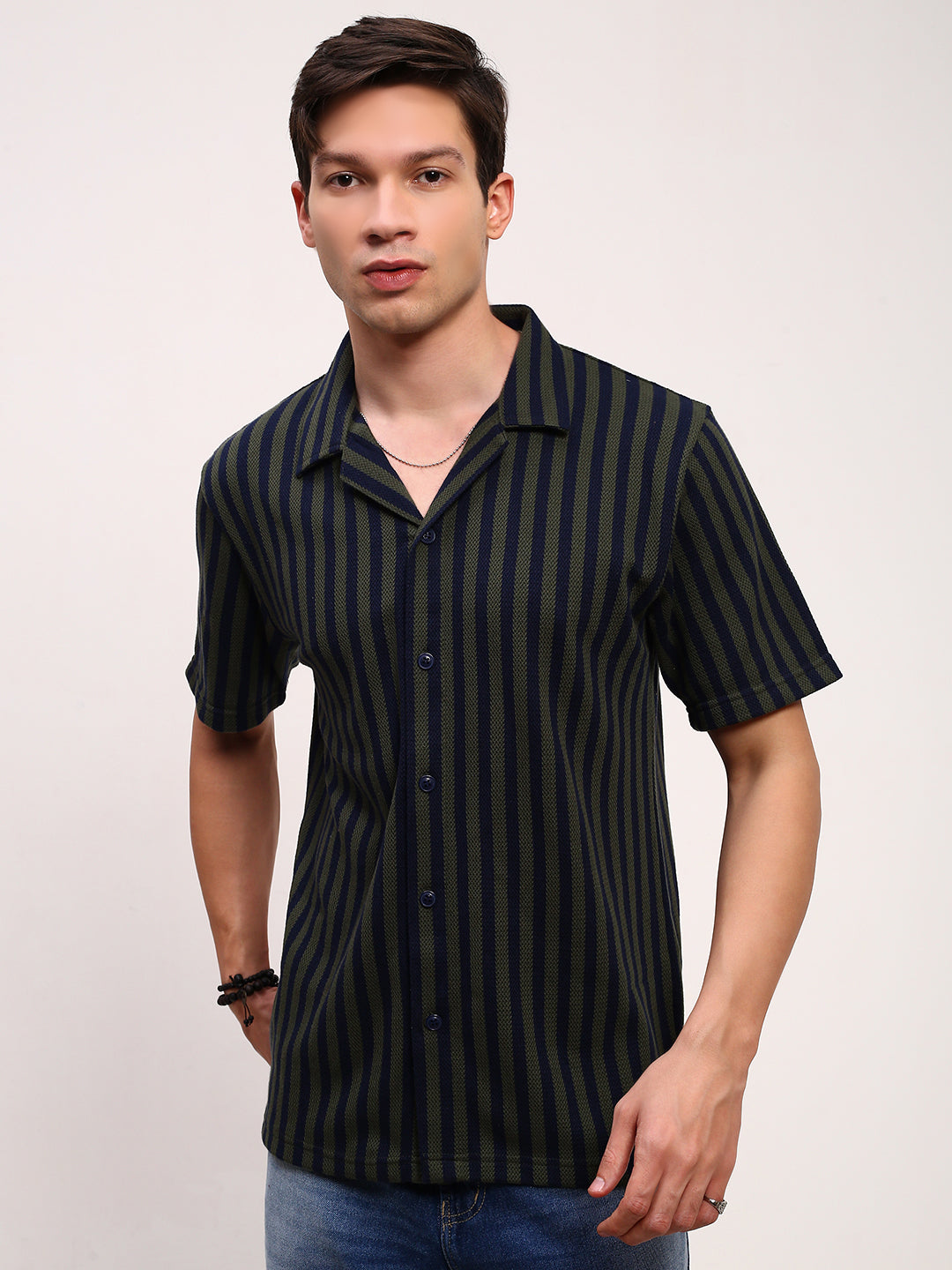 Men Green Striped Cuban Collar Shirt