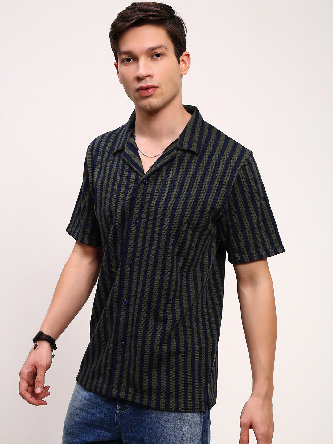 Men Green Striped Cuban Collar Shirt