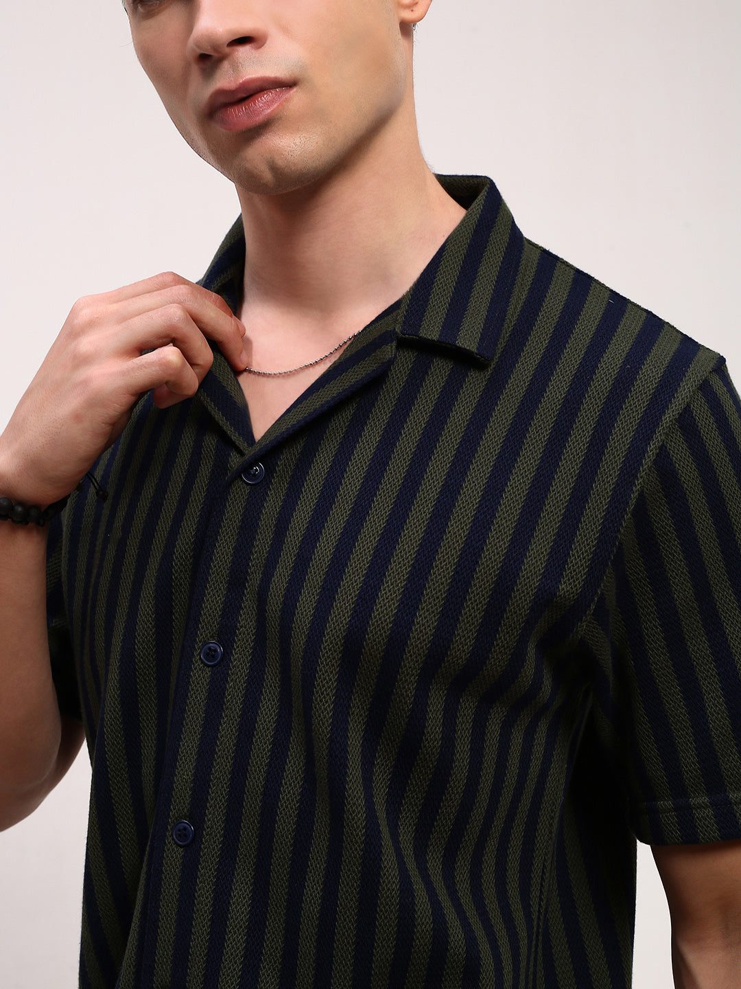 Men Green Striped Cuban Collar Shirt