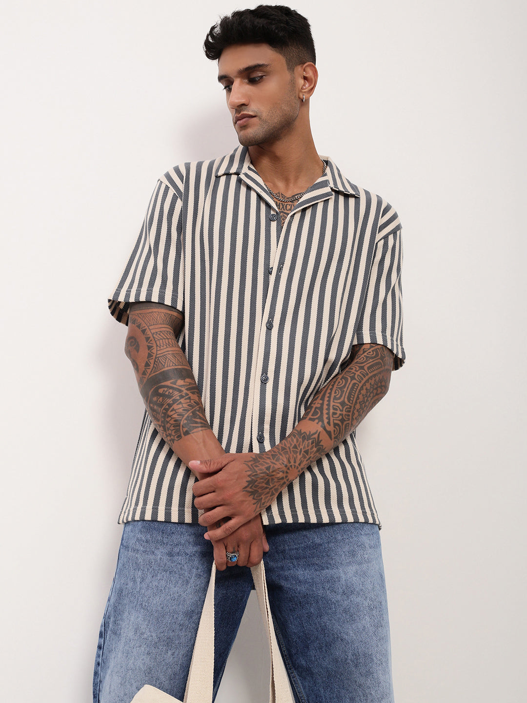 Men Grey Striped Cuban Collar Shirt