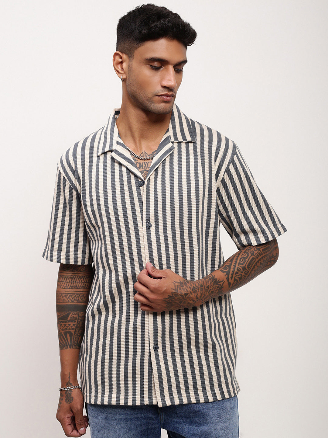 Men Grey Striped Cuban Collar Shirt