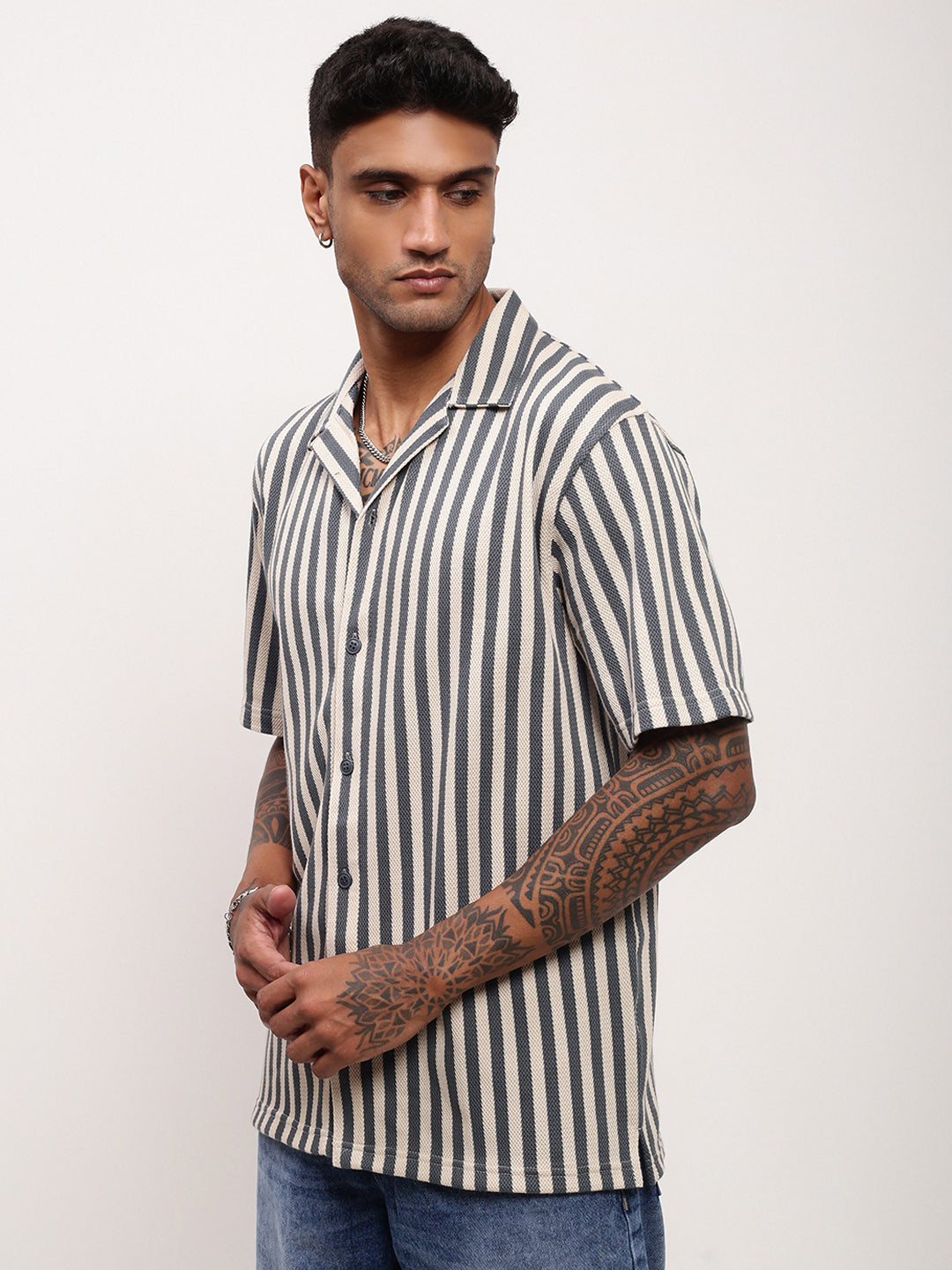 Men Grey Striped Cuban Collar Shirt