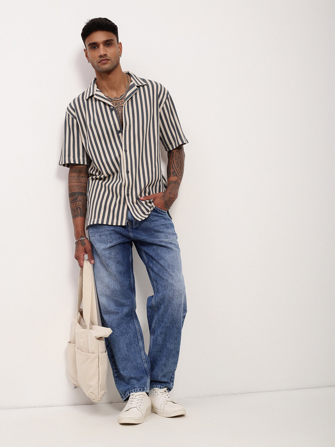 Men Grey Striped Cuban Collar Shirt