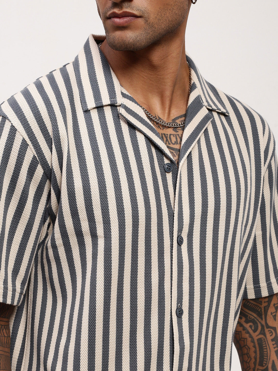 Men Grey Striped Cuban Collar Shirt