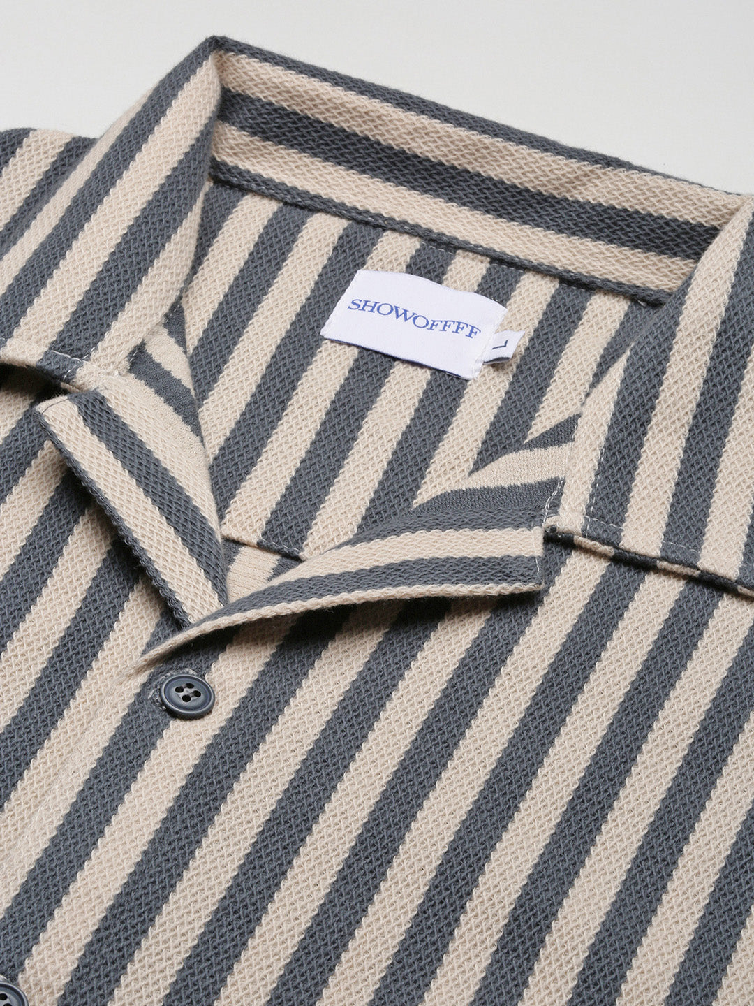 Men Grey Striped Cuban Collar Shirt