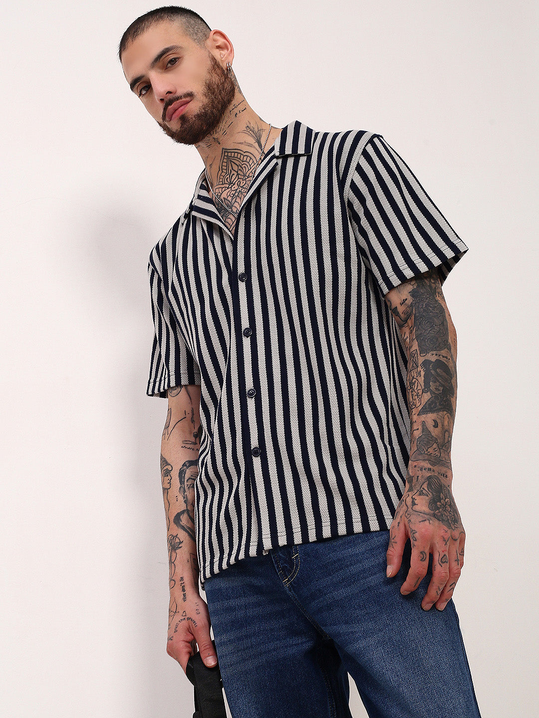 Men Navy Blue Striped Cuban Collar Shirt