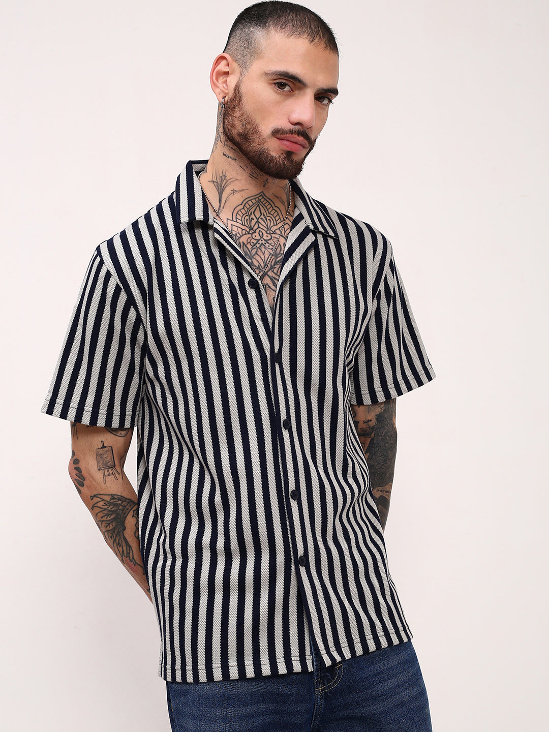 Men Navy Blue Striped Cuban Collar Shirt