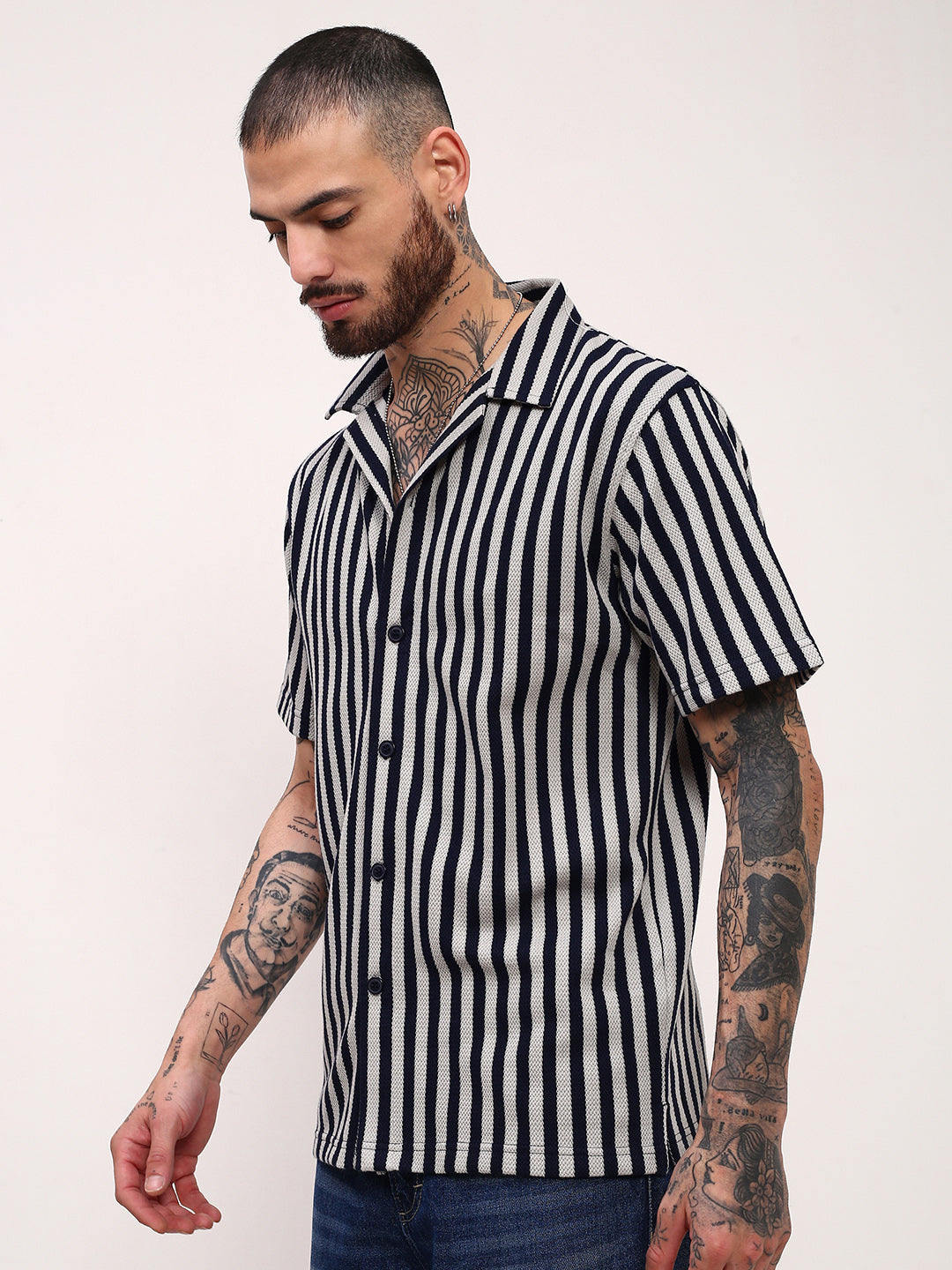 Men Navy Blue Striped Cuban Collar Shirt