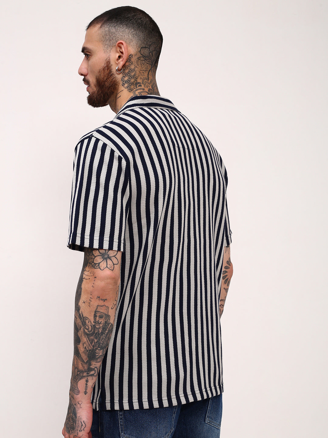 Men Navy Blue Striped Cuban Collar Shirt