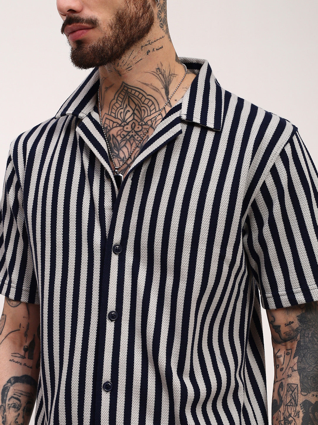 Men Navy Blue Striped Cuban Collar Shirt