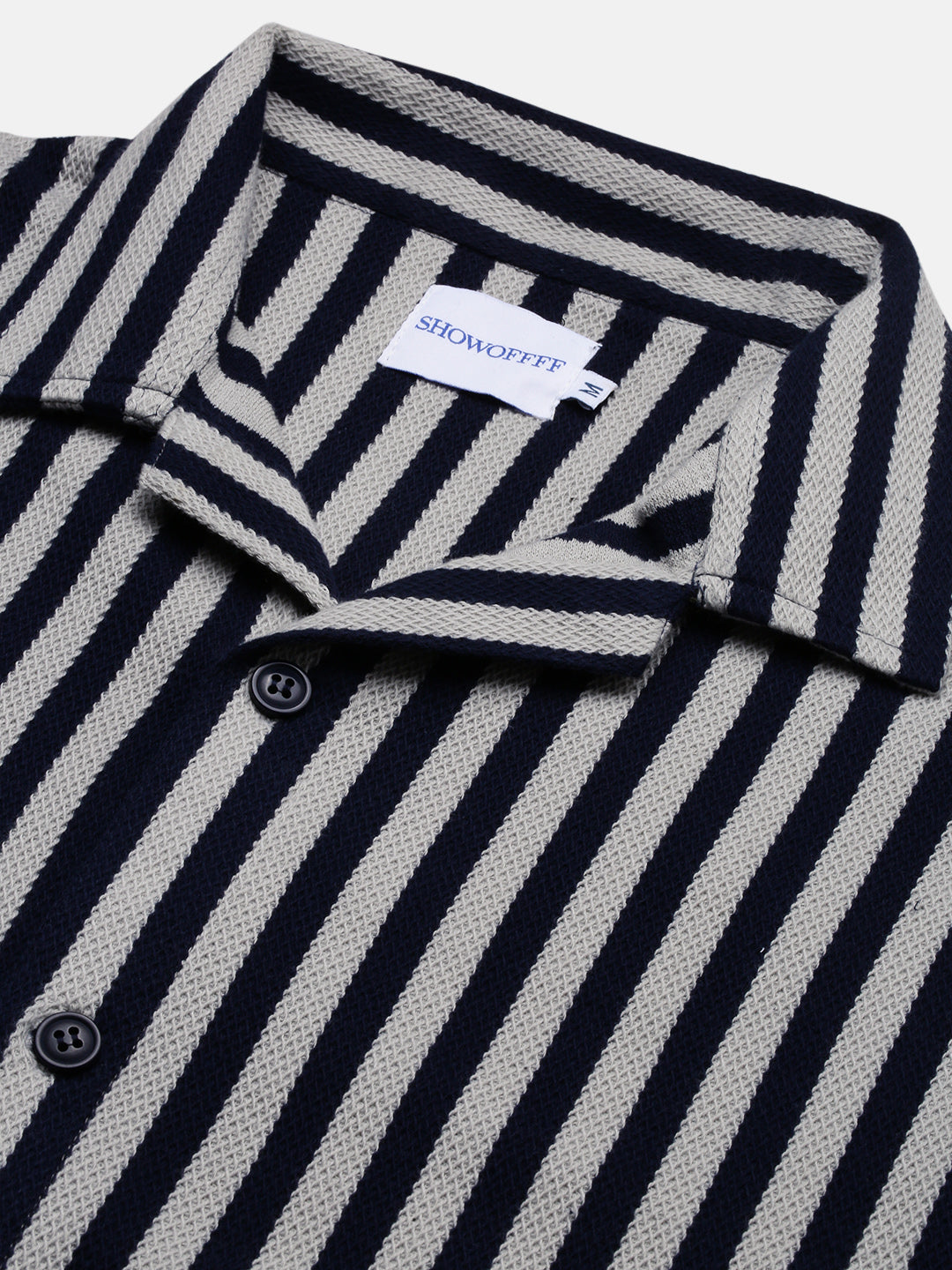 Men Navy Blue Striped Cuban Collar Shirt