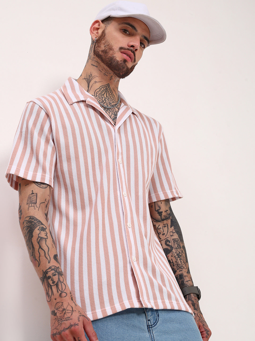 Men Peach Striped Cuban Collar Shirt