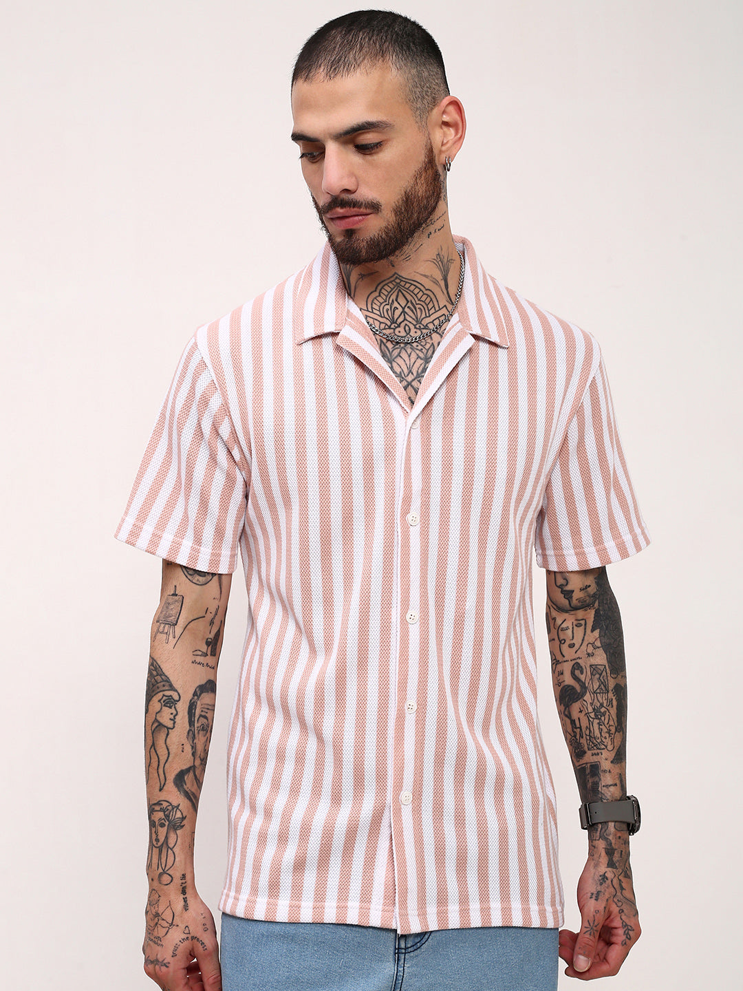 Men Peach Striped Cuban Collar Shirt