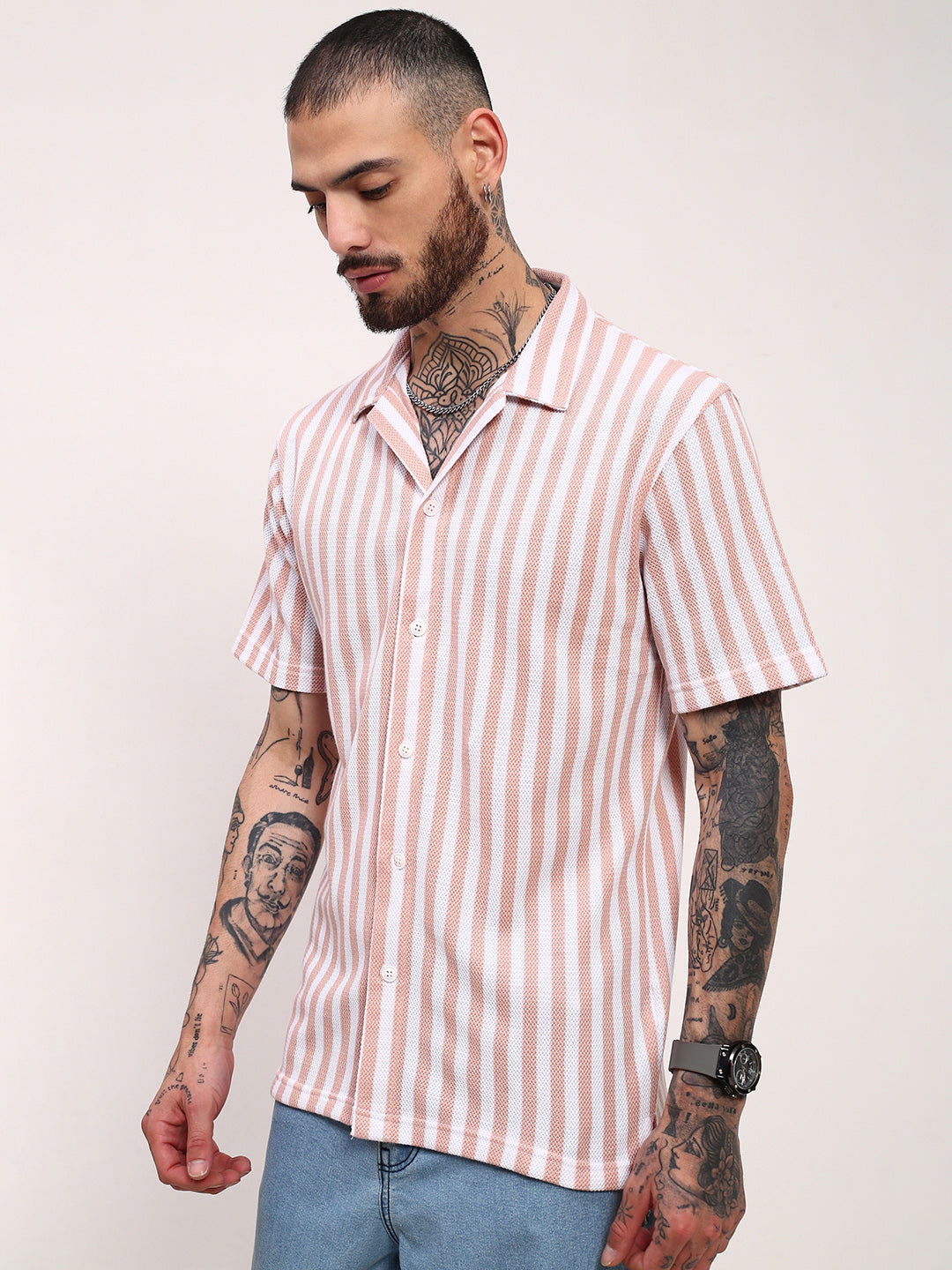 Men Peach Striped Cuban Collar Shirt