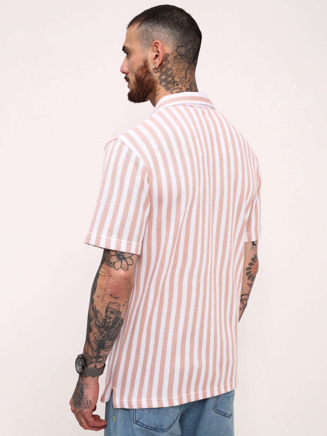 Men Peach Striped Cuban Collar Shirt