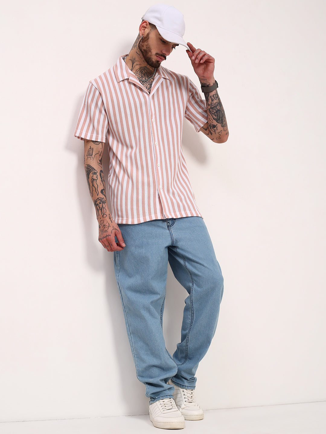 Men Peach Striped Cuban Collar Shirt