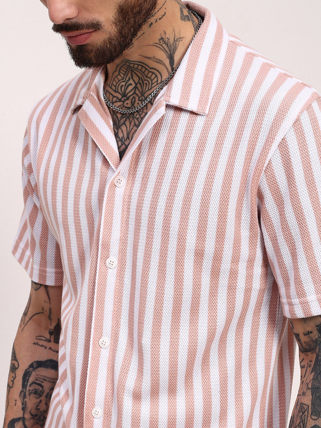 Men Peach Striped Cuban Collar Shirt