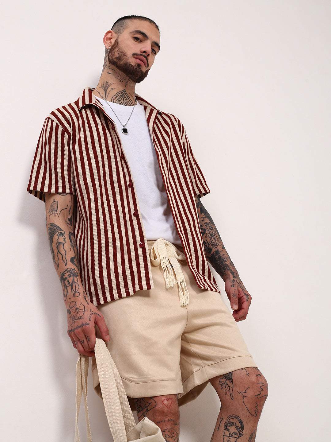 Men Rust Striped Cuban Collar Shirt