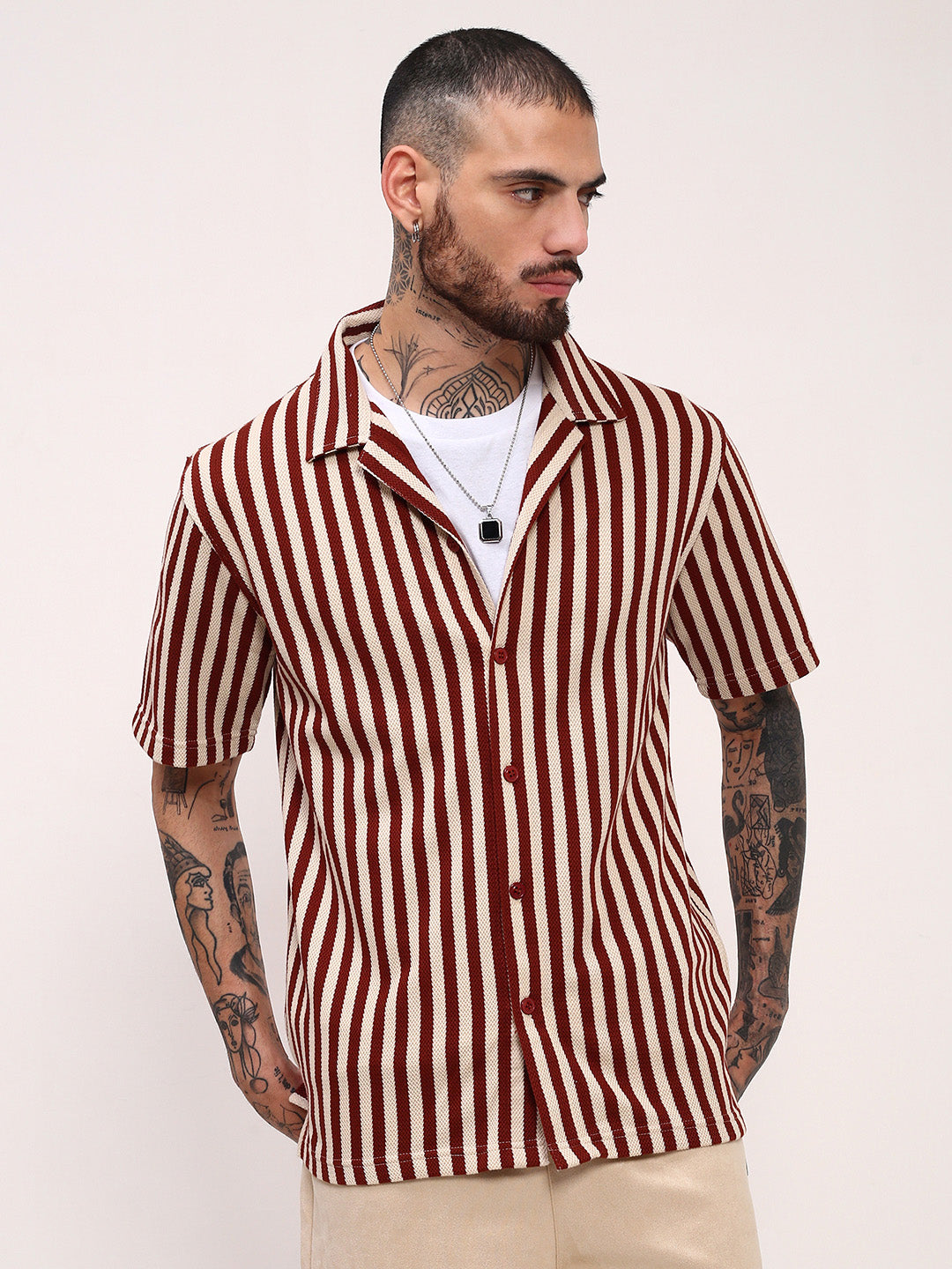 Men Rust Striped Cuban Collar Shirt