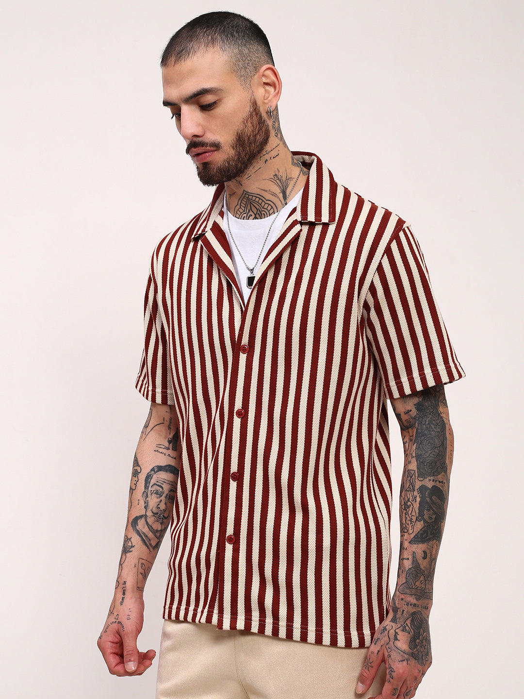 Men Rust Striped Cuban Collar Shirt