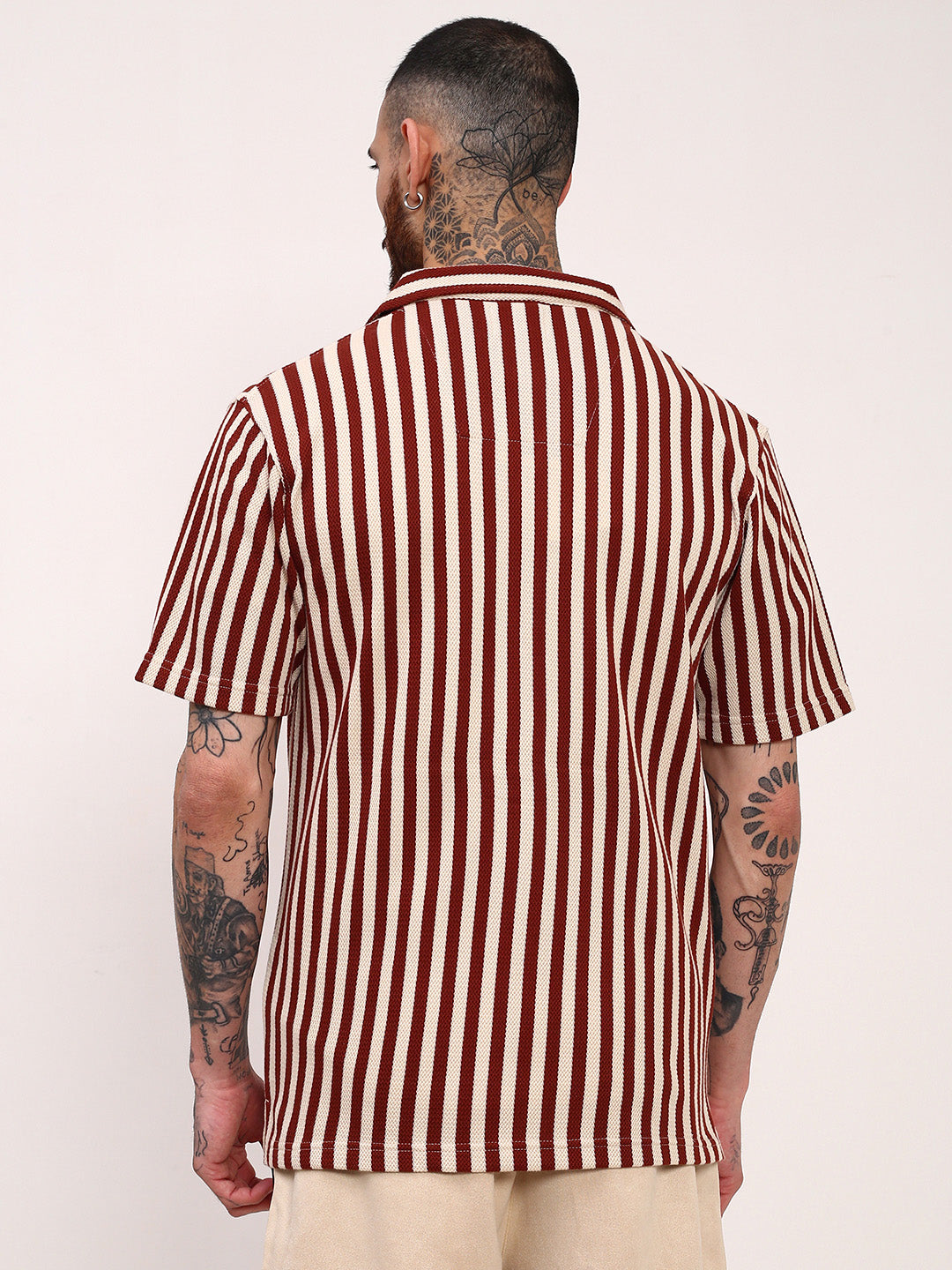 Men Rust Striped Cuban Collar Shirt