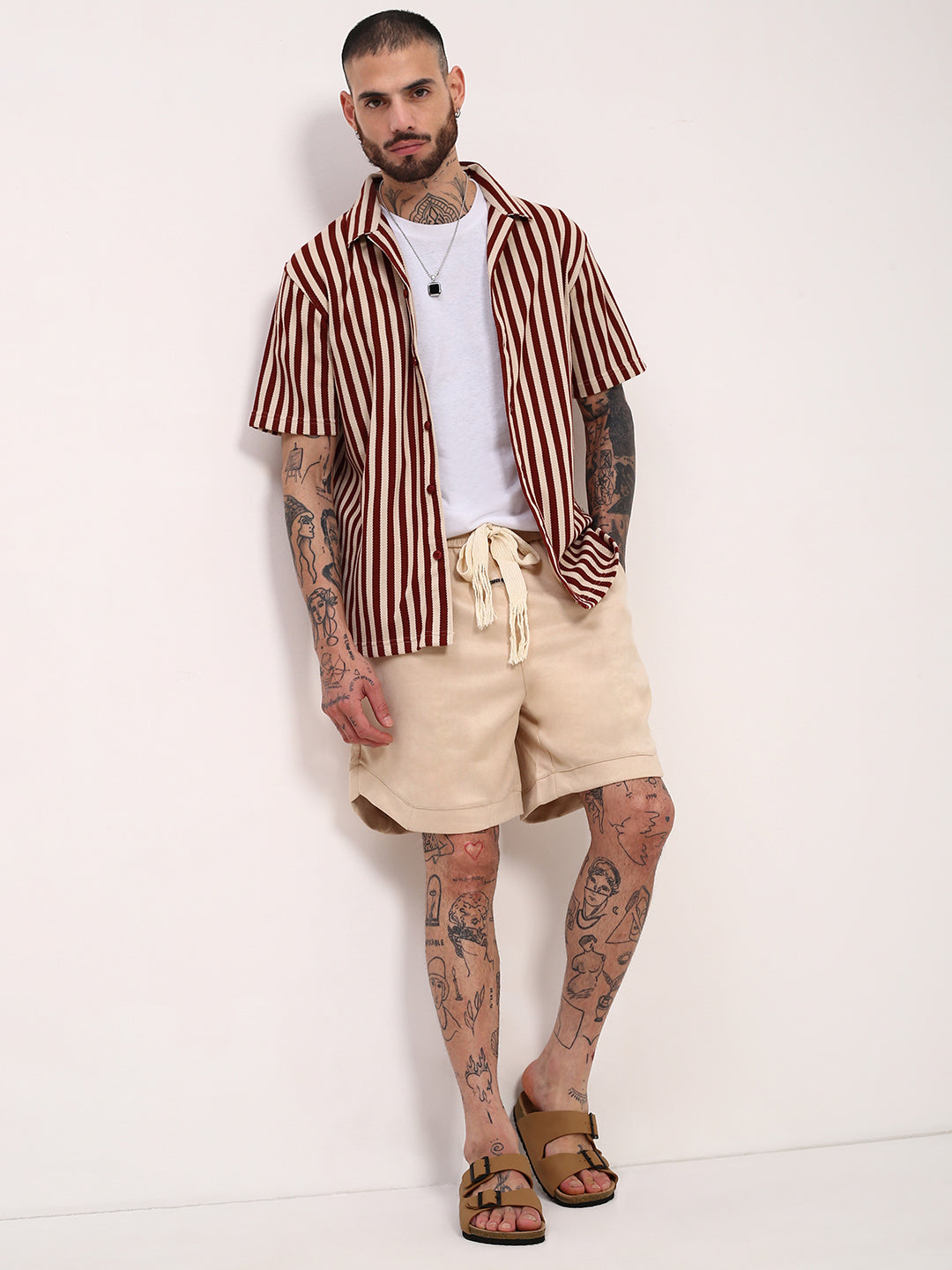 Men Rust Striped Cuban Collar Shirt