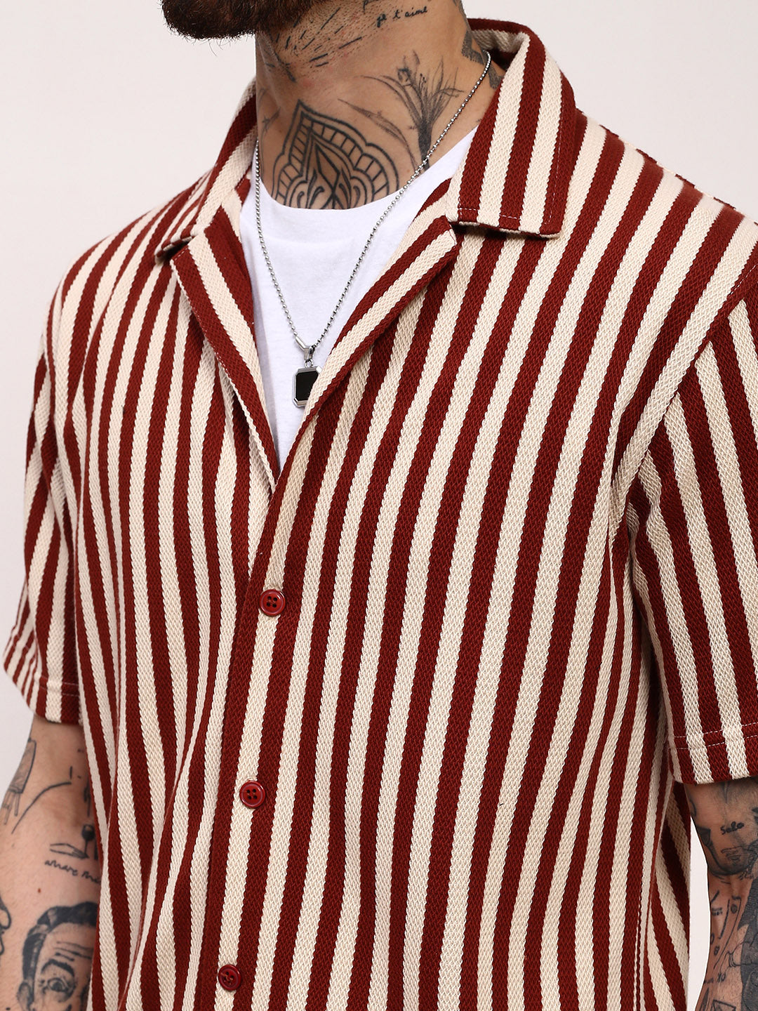 Men Rust Striped Cuban Collar Shirt