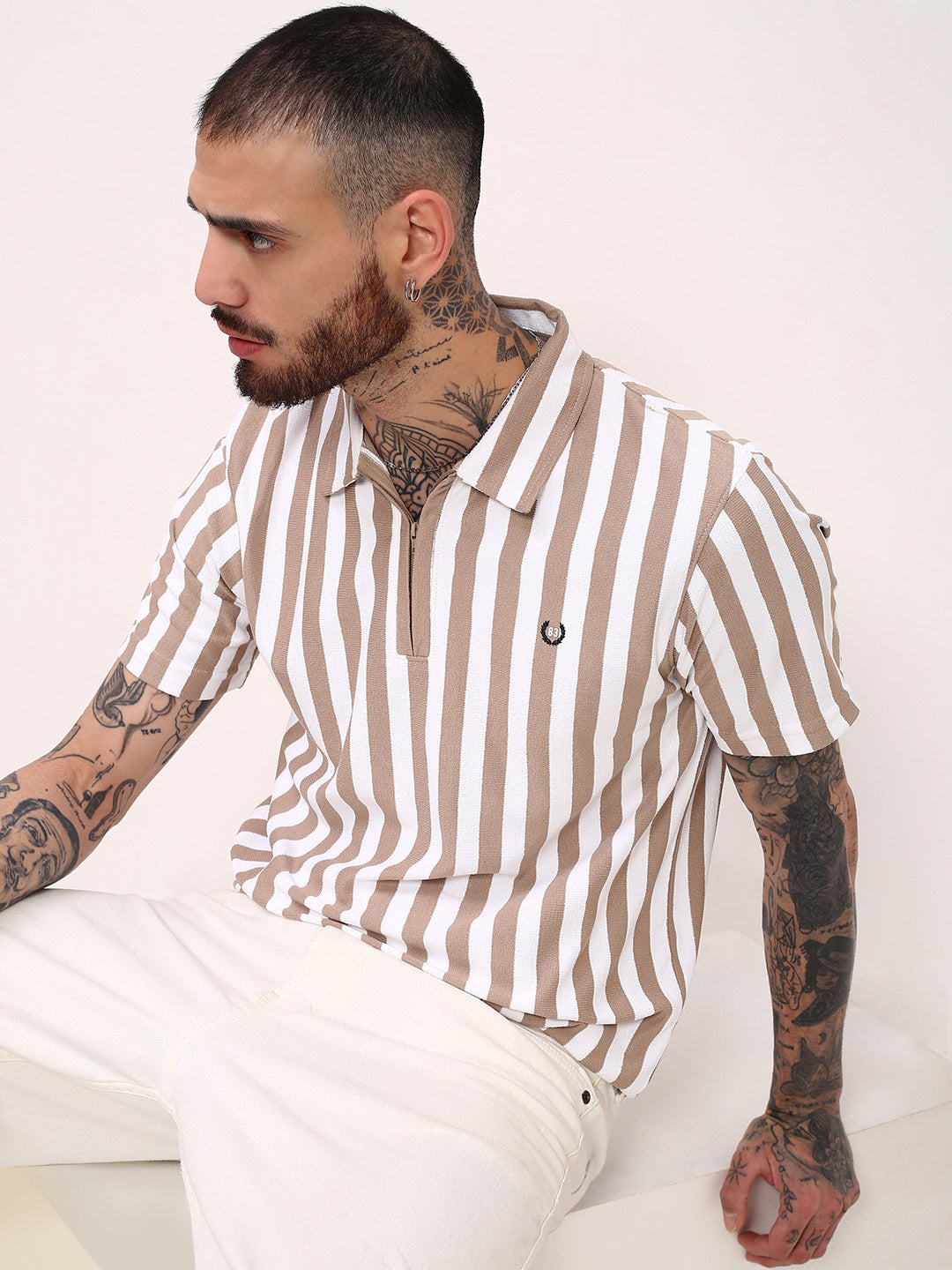 Men Beige Striped T Shirt