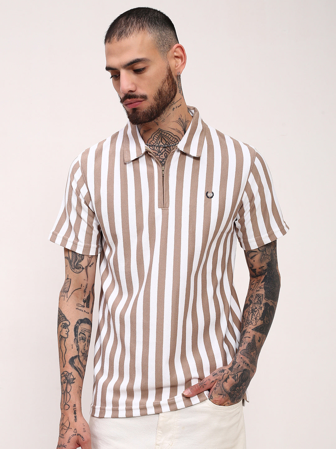 Men Beige Striped T Shirt