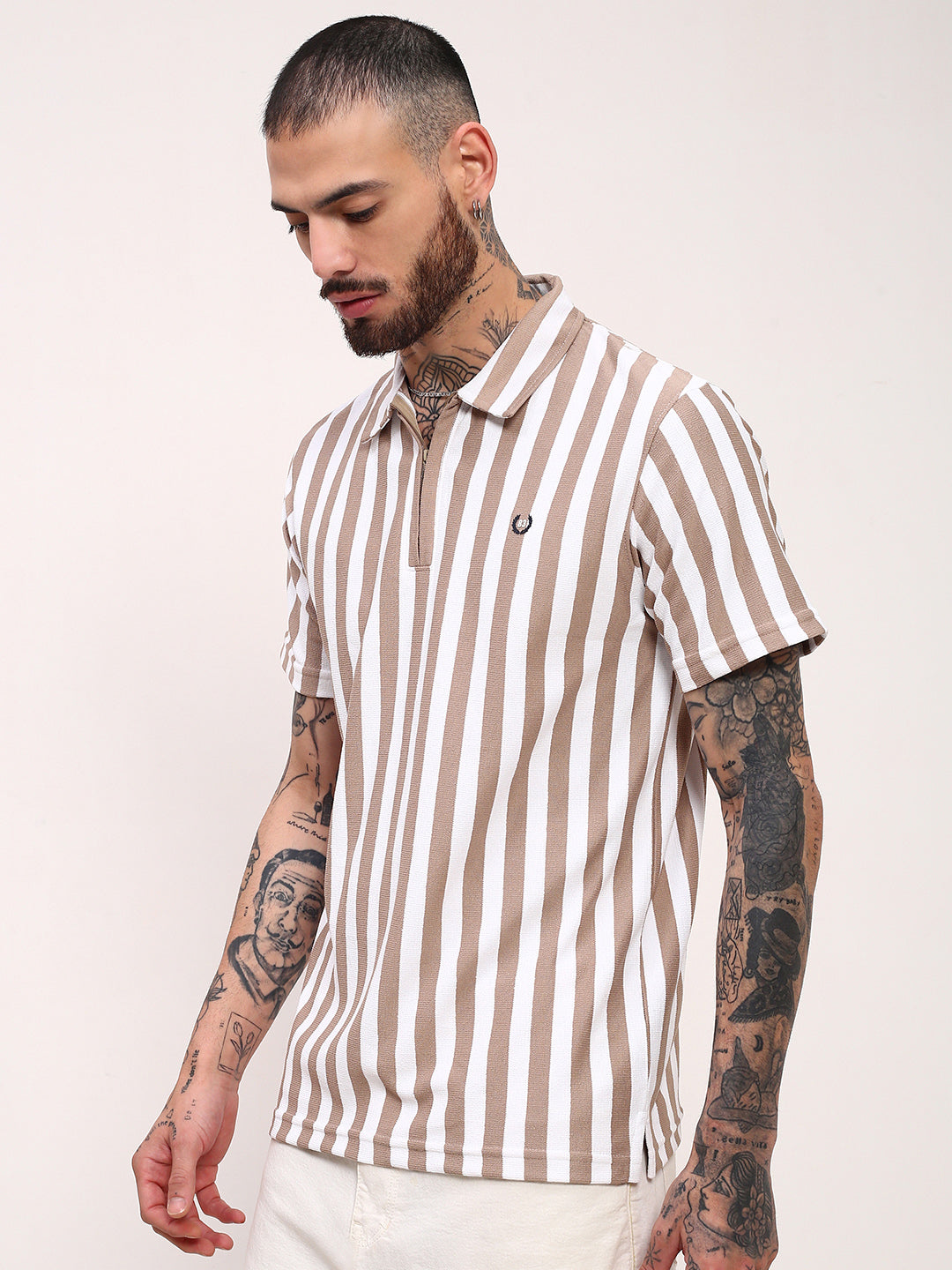 Men Beige Striped T Shirt