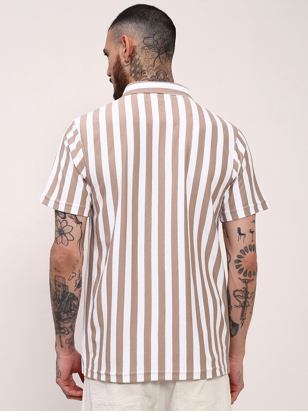 Men Beige Striped T Shirt