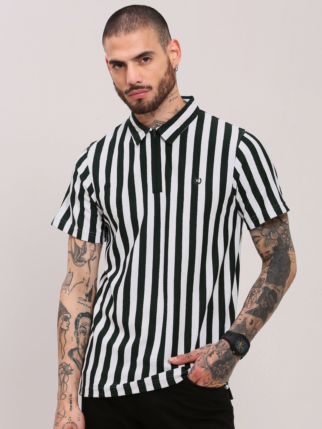 Men Green Striped T Shirt