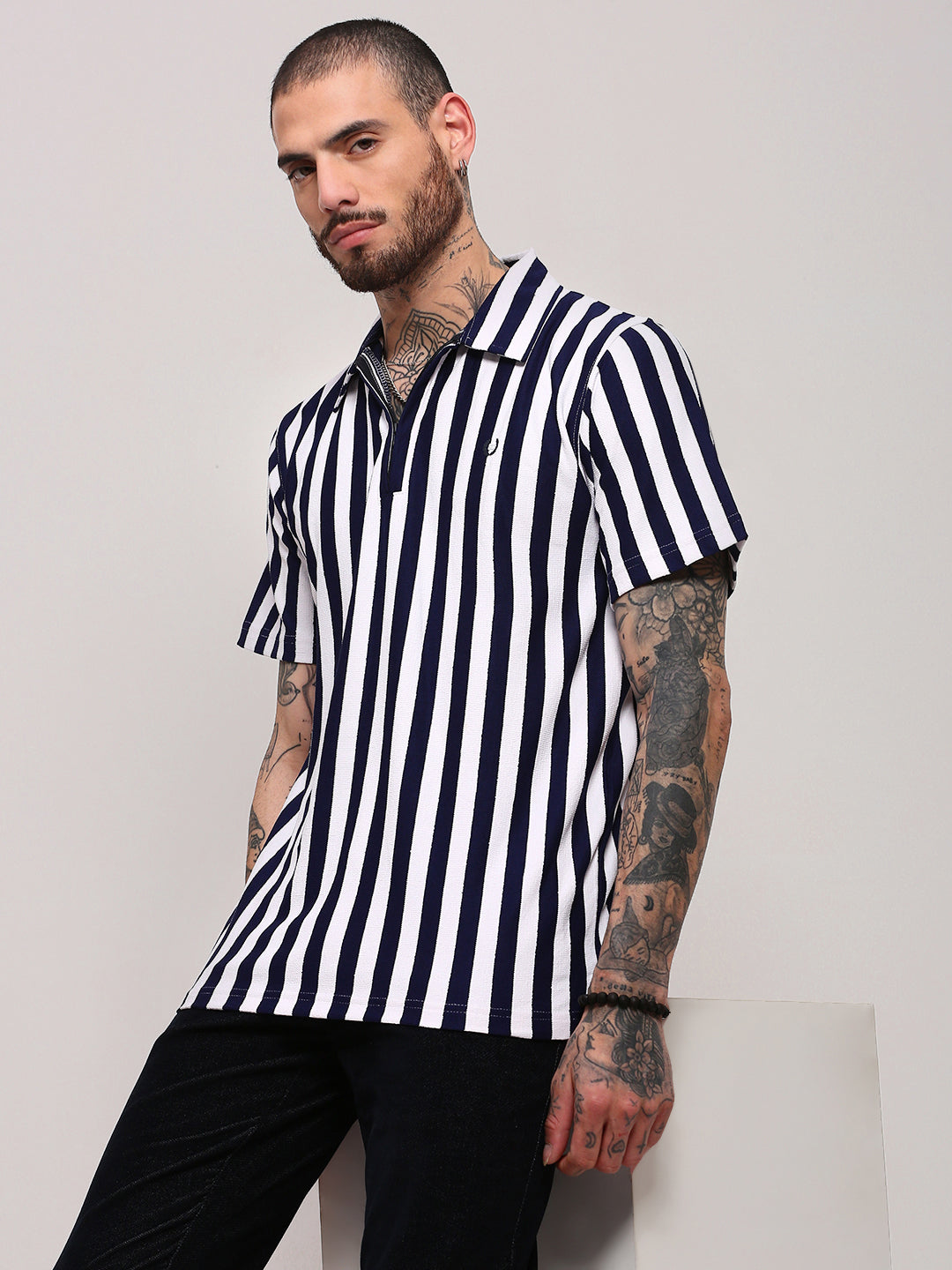 Men Navy Blue Striped T Shirt