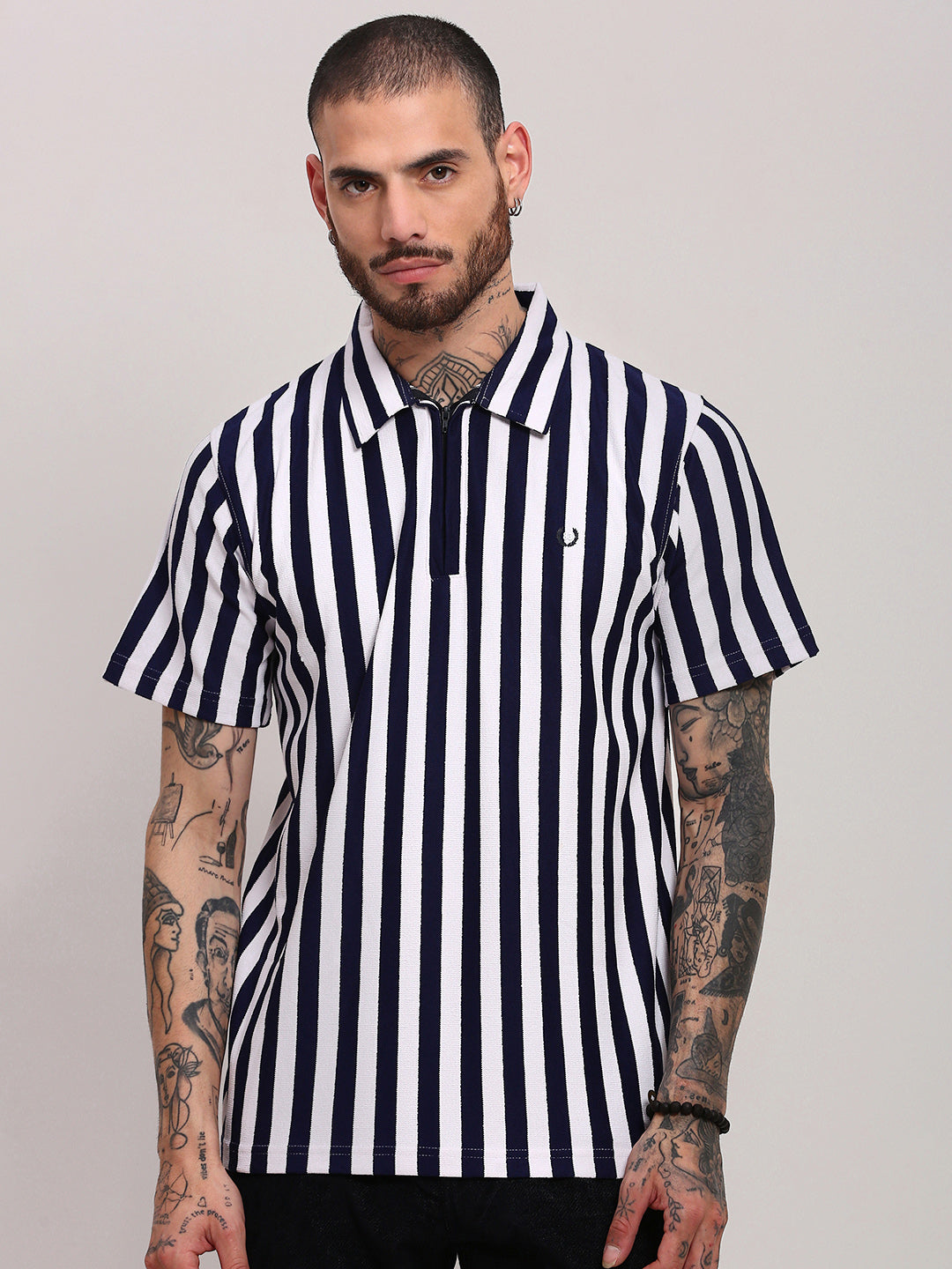 Men Navy Blue Striped T Shirt