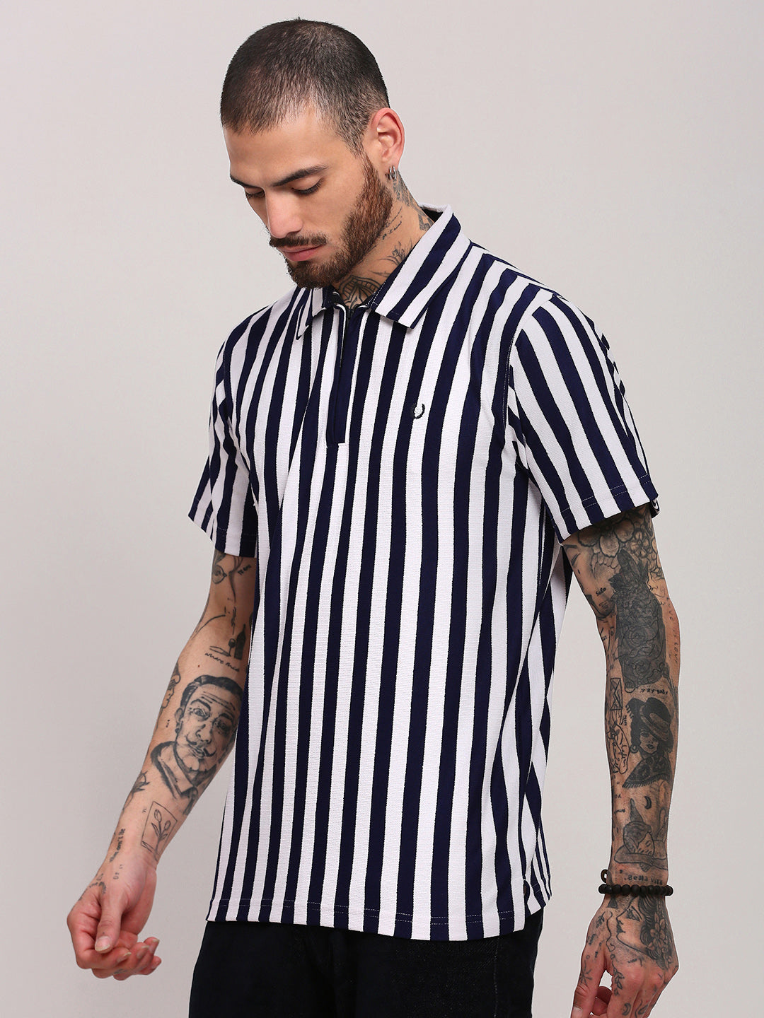 Men Navy Blue Striped T Shirt