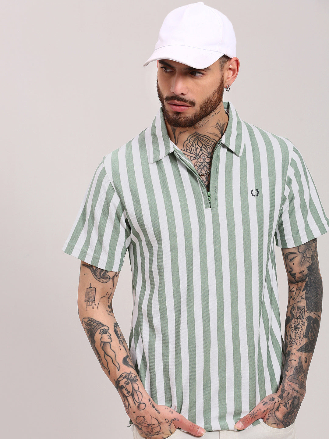 Men Sea Green Striped T Shirt