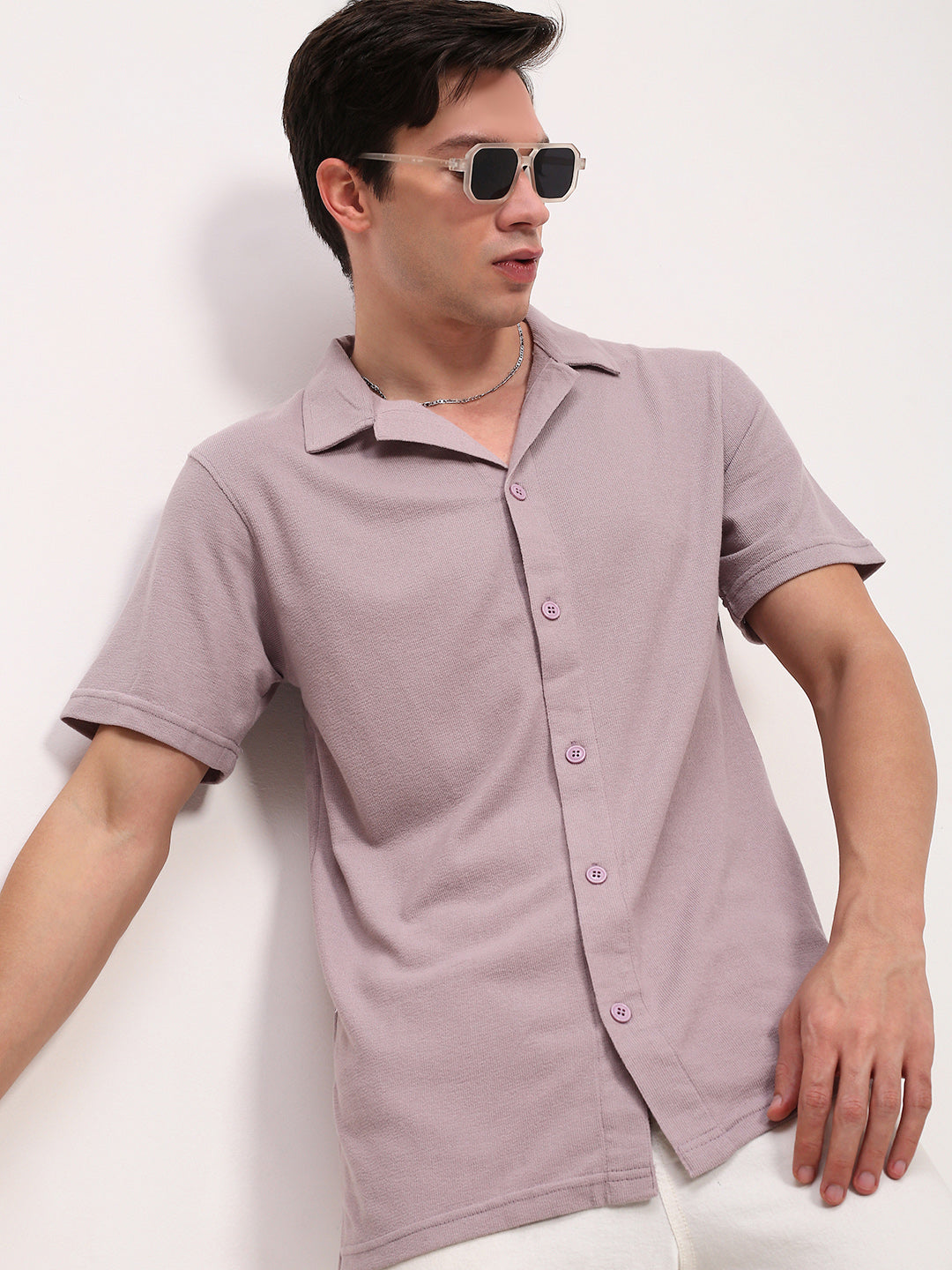 Men Lavender Solid Cuban Collar Shirt