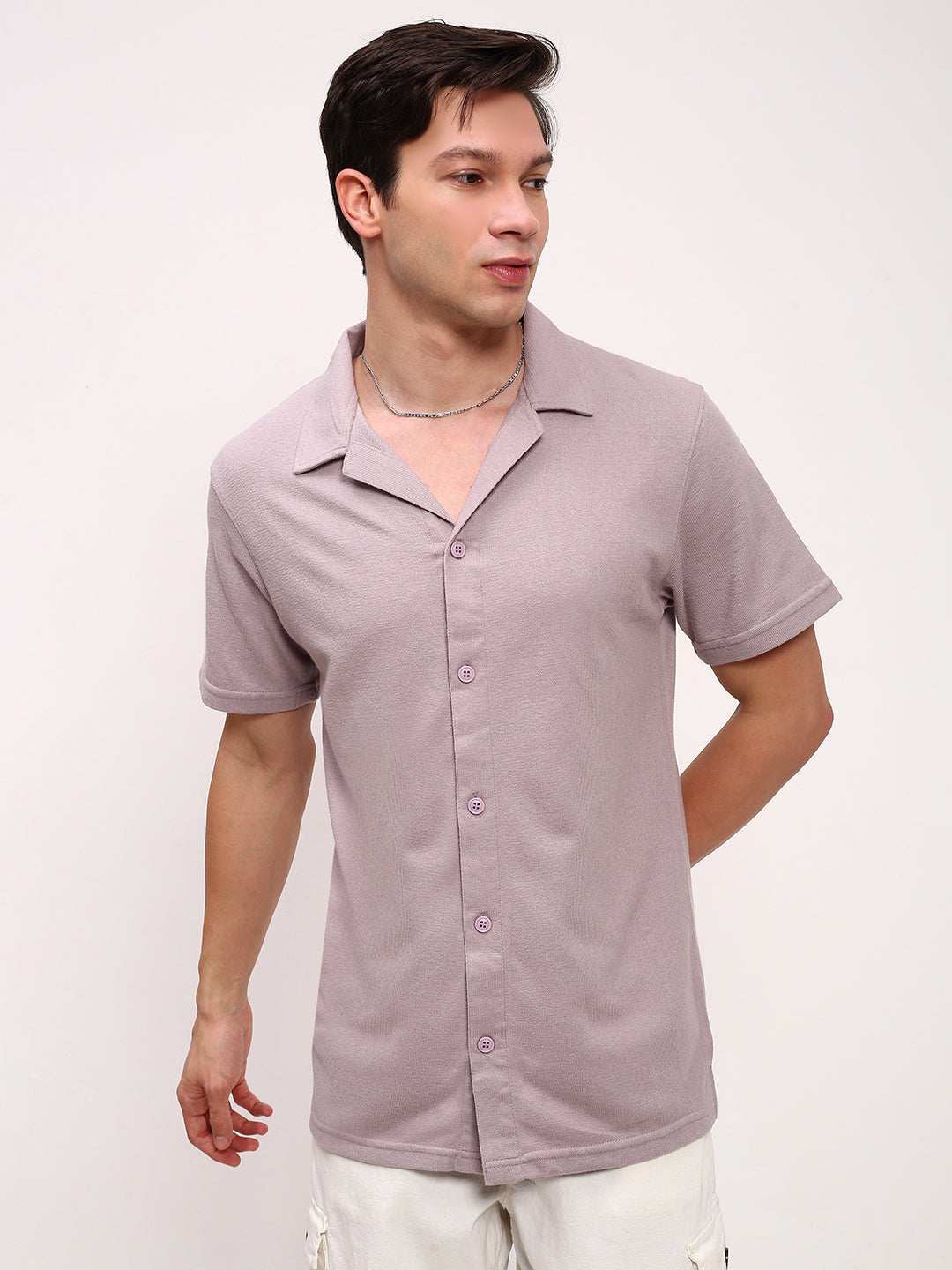 Men Lavender Solid Cuban Collar Shirt